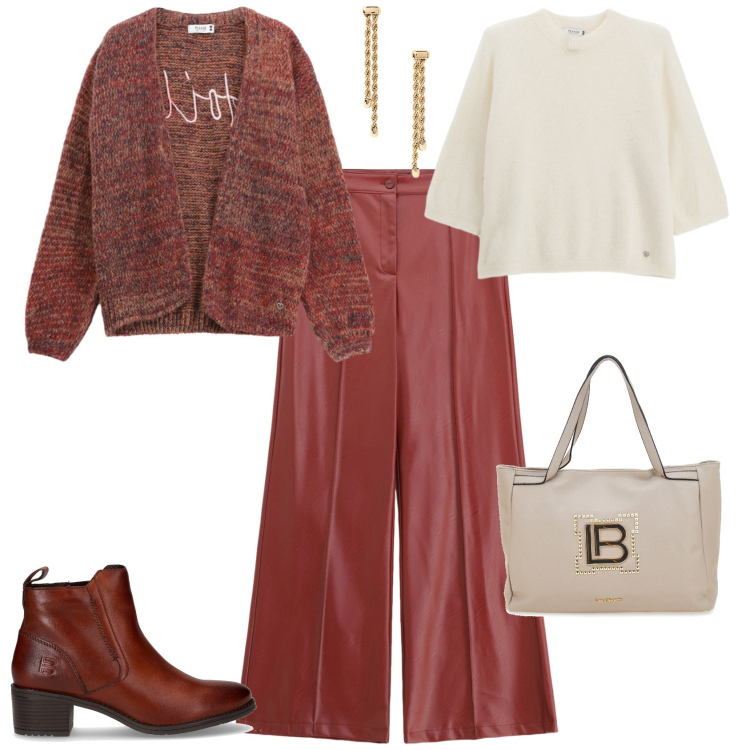 Outfit donna - Total look #2248773. Stile Casual chic per Tutti i giorni. Abbinamento con cardigans, pantaloni, pullovers, orecchini, borse a spalla, stivaletti.