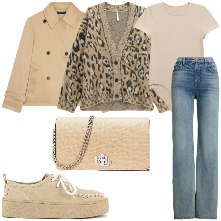 Outfit donna - Trench e cardigan. Stile Casual per Tutti i giorni. Abbinamento con cardigans, borse a tracolla, body, jeans, mocassini, trench.