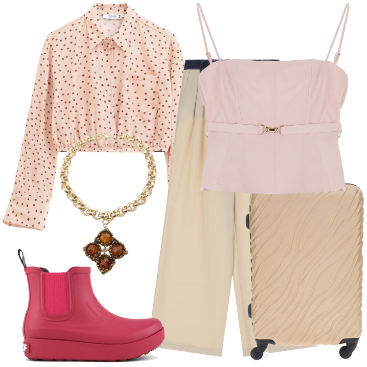Outfit donna - Viaggio… Please. Stile Trendy per Tutti i giorni. Abbinamento con top, camicie, pantaloni, collane, stivali, valigie.