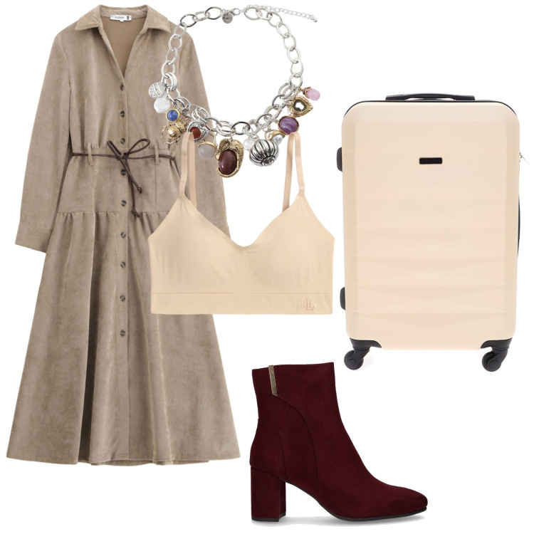 Outfit donna - Please lavoro a New York. Stile Urban per Ufficio. Abbinamento con vestiti lunghi, braccialetti con ciondoli, reggiseni, stivaletti, valigie.