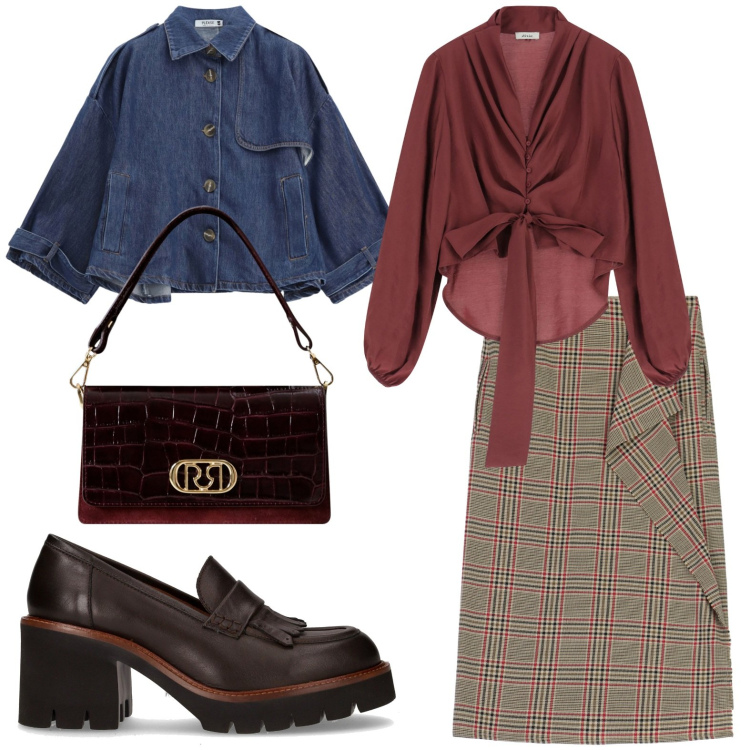 Outfit donna - Jeans e tartan. Stile Casual chic per Tutti i giorni. Abbinamento con borse a mano, blazer, camicie, gonne longuette, décolleté.