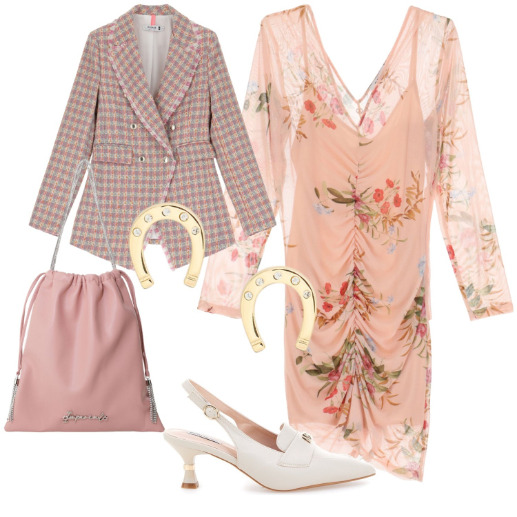 Outfit donna - Please una cerimonia. Stile Bon Ton per Serata fuori. Abbinamento con blazer, vestiti corti, borse a secchiello, orecchini, décolleté.