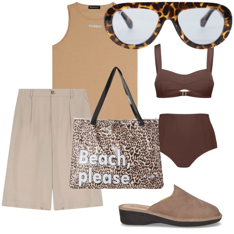 Outfit donna - Caffè macchiato in spiaggia. Stile Trendy per Mare. Abbinamento con borse tote, occhiali da sole, canottiere, shorts, bikini, ciabatte.