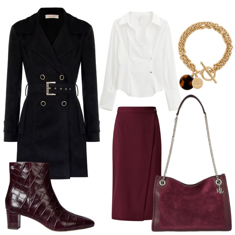 Outfit donna - Il trench fluido (Curvy). Stile Casual chic per Ufficio. Abbinamento con trench, gonne, camicie, braccialetti con ciondoli, borse tote, stivaletti.