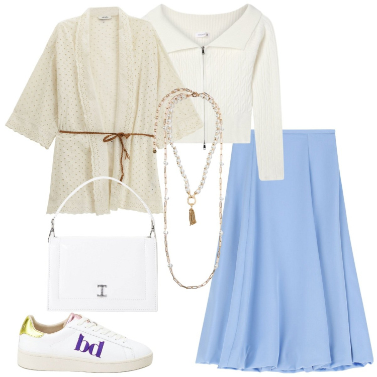 Outfit donna - Brunch domenicale di settembre-curvy. Stile Romantica per Tutti i giorni. Abbinamento con maglieria, gonne longuette, borse a tracolla, sneakers, cappotti, collane.