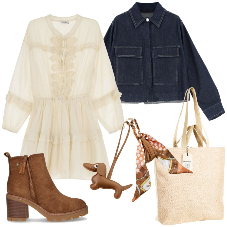 Outfit donna - Total look #2248789. Stile Boho per Tutti i giorni. Abbinamento con borse tote, blazer, portachiavi, vestiti corti, stivaletti.
