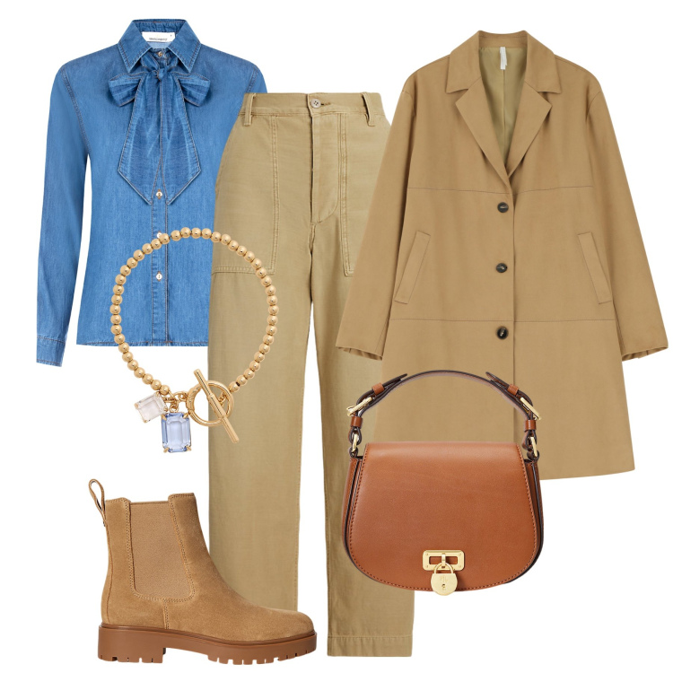 Outfit donna - Brunch denim & suede. Stile Casual per Tutti i giorni. Abbinamento con camicie, cappotti, borse a tracolla, pantaloni, braccialetti, stivaletti chelsea.