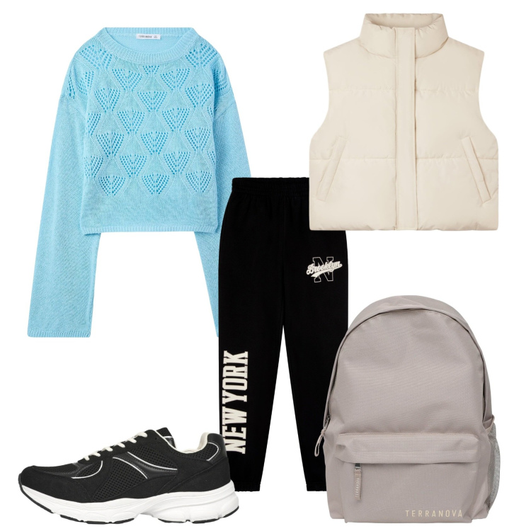 Outfit donna - Sporty chic. Stile Sporty chic per Tutti i giorni. Abbinamento con maglieria, zaini, piumini, sneakers, pantaloni.