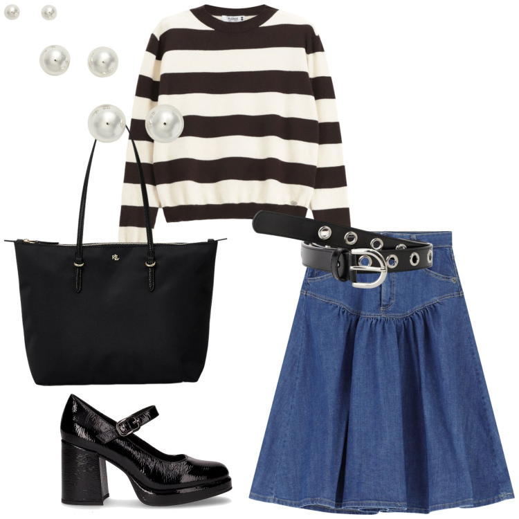 Outfit donna - Please FW. per Tutti i giorni. Abbinamento con pullovers, gonne longuette, cinture, borse tote, orecchini, décolleté.