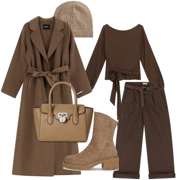 Outfit donna - Total look #2248804. Stile Casual per Tutti i giorni. Abbinamento con pantaloni, cappotti, top, borse a mano, berretti, stivaletti.