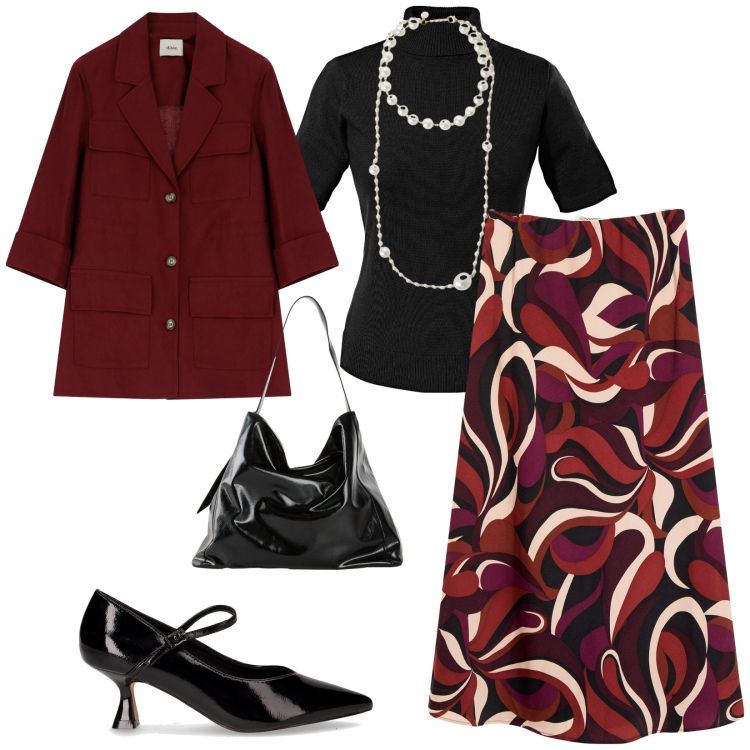 Outfit donna - A cena con te. per Serata fuori. Abbinamento con maglieria, shopping bag, gonne longuette, blazer, collane, décolleté.