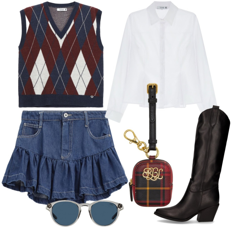 Outfit donna - Aria di country. Stile Preppy per Scuola/Università. Abbinamento con gilet, minigonne, camicie, occhiali da sole, pochette, stivali.