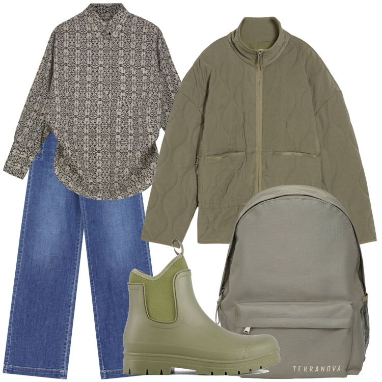 Outfit donna - La giacca antifreddo. Stile Minimal per Tutti i giorni. Abbinamento con giacche, zaini, jeans a zampa, stivali, camicie.