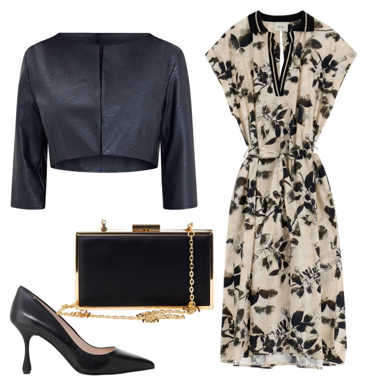 Outfit donna - Serata al ristorante gourmet. Stile Romantica per Serata fuori. Abbinamento con blazer, pochette, vestiti lunghi, décolleté.