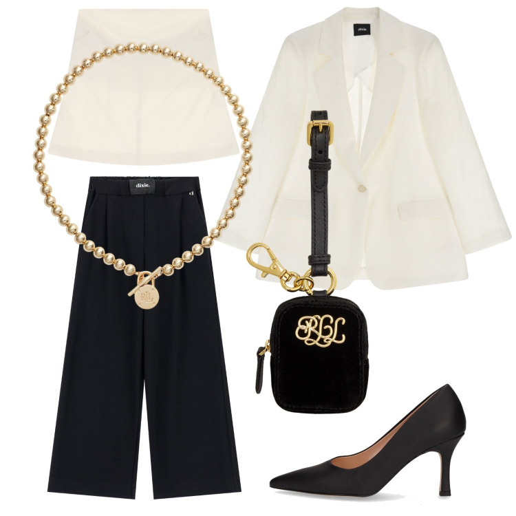Outfit donna - Cerimonia settembrina. Stile Chic per Cerimonia. Abbinamento con pantaloni a palazzo, blazer, top, collane, pochette, décolleté.