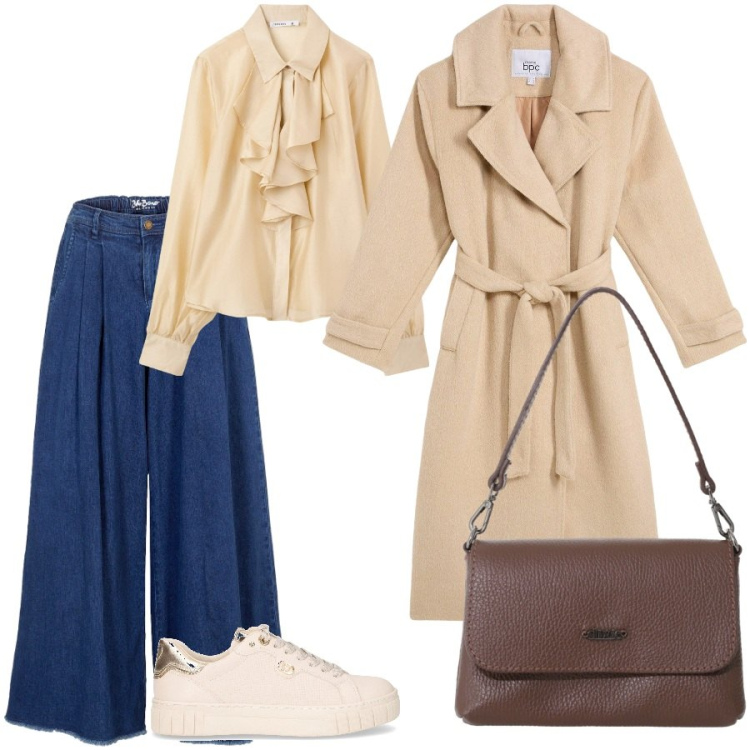 Outfit donna - Total look #2248817. Stile Casual chic per Ufficio. Abbinamento con cappotti, gonne, camicie, borse a tracolla, sneakers.