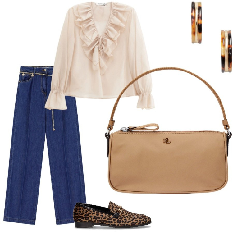 Outfit donna - La cintura a catena. Stile Casual chic per Ufficio. Abbinamento con jeans, camicie, orecchini, pochette, mocassini.
