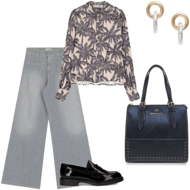 Outfit donna - Grey jeans. Stile Casual per Ufficio. Abbinamento con jeans a zampa, camicie, orecchini, borse a mano, mocassini.