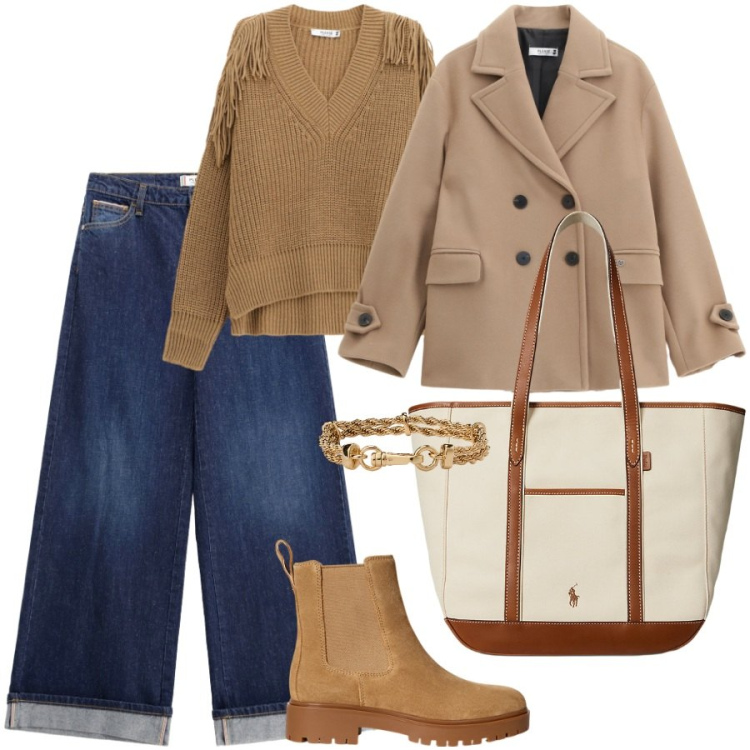 Outfit donna - La tote bag. Stile Casual chic per Scuola/Università. Abbinamento con maglieria, jeans, cappotti, braccialetti, borse tote, stivaletti chelsea.