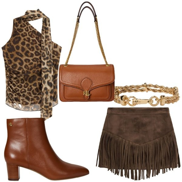 Outfit donna - la gonna con le frange. Stile Trendy per Tutti i giorni. Abbinamento con top, minigonne, borse a spalla, braccialetti, stivaletti.