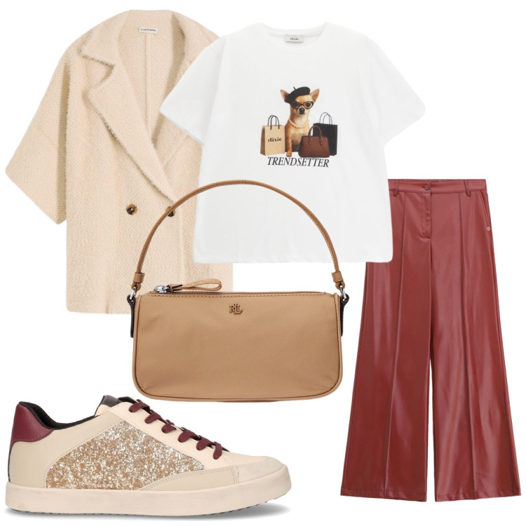 Outfit donna - Le sneakers dorate. Stile Casual chic per Tutti i giorni. Abbinamento con cardigans, pantaloni, t-shirt, pochette, sneakers.