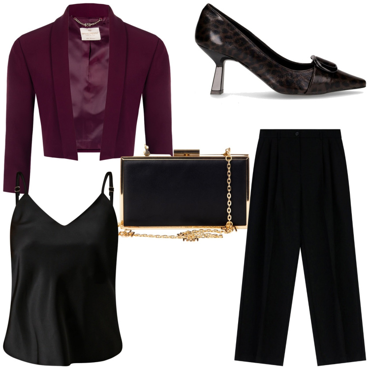 Outfit donna - Elegante vibes. Stile Chic per Serata fuori. Abbinamento con top, pochette, blazer, pantaloni a palazzo, décolleté.