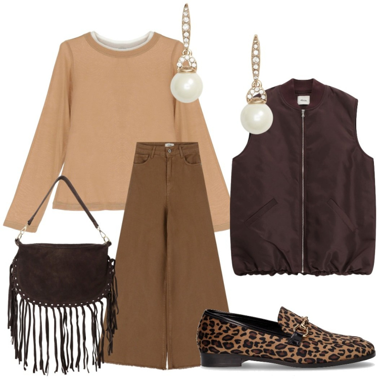 Outfit donna - New collection Dixie. Stile Casual chic per Tutti i giorni. Abbinamento con borse a tracolla, piumini, pantaloni, t-shirt, orecchini, mocassini.