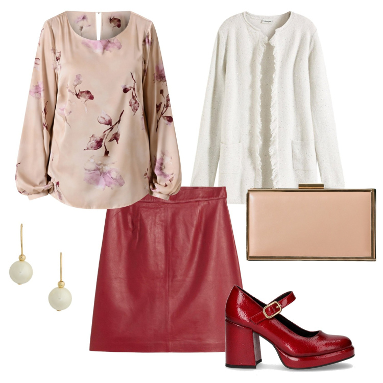 Outfit donna - Total look #2248828. Stile Casual chic per Tutti i giorni. Abbinamento con minigonne, cardigans, pochette, bluse, orecchini, décolleté.