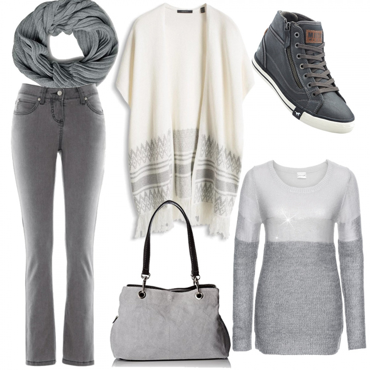 Outfit donna - Grigio. Stile Etnico per Tutti i giorni. Abbinamento con jeans slim fit, pullover effetto metallizzato con fasce grigio e corda, sneakers con zip grigio, borsa a mano grigio, maglioncino multicolore e bianco, sciarpa melange taglia unica grigio.