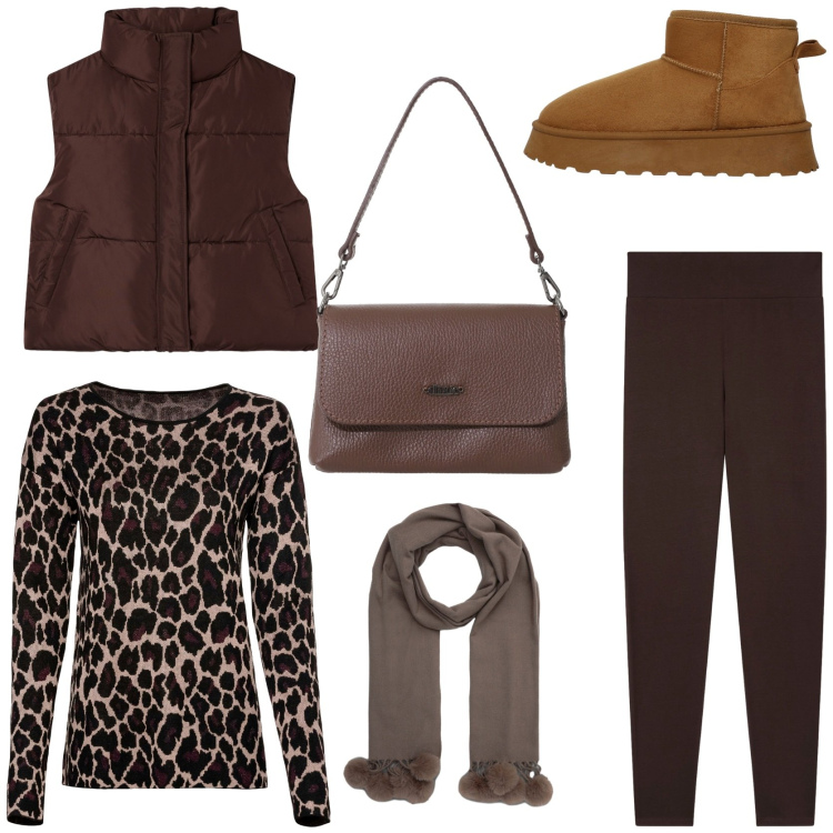 Outfit donna - Urban glam. Stile Casual chic per Tutti i giorni. Abbinamento con maglieria, leggings, piumini, stivali, sciarpe, borse a tracolla.