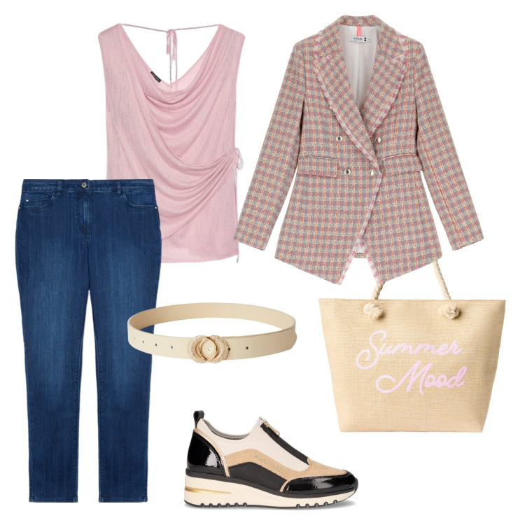 Outfit donna - Total look #2248831. Stile Casual chic per Tutti i giorni. Abbinamento con cinture, borse tote, blazer, jeans skinny, top, sneakers alte.