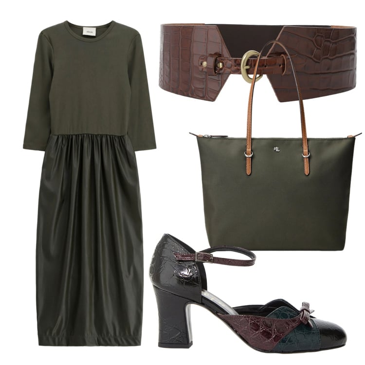 Outfit donna - Total look #2248834. Stile Casual chic per Ufficio. Abbinamento con vestiti midi/longuette, décolleté, cinture, borse tote.