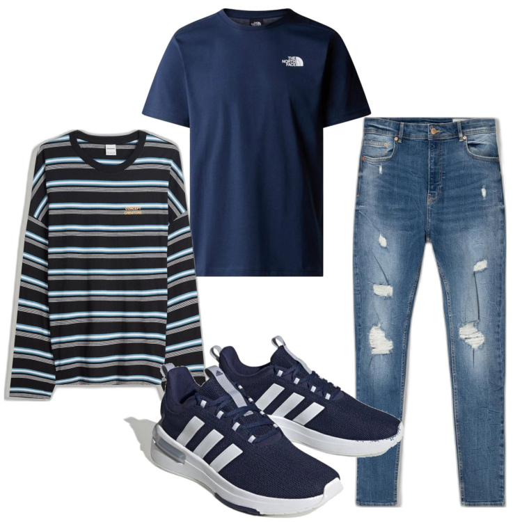 Outfit hombre - Casual look. Estilo Casual para Todos los días. Combinación con sneakers, vaqueros rotos, camiseta, camiseta.