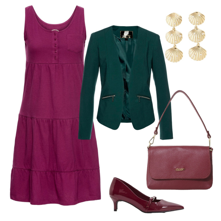 Outfit donna - Total look #2248839. Stile Casual chic per Tutti i giorni. Abbinamento con vestiti corti, blazer, décolleté, orecchini, borse a tracolla.