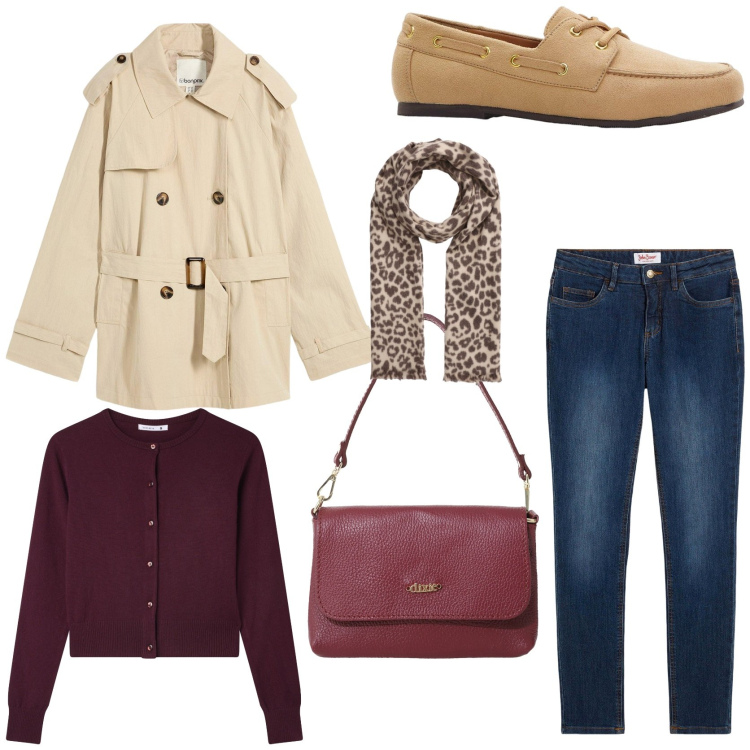 Outfit donna - Evergreen. Stile Casual chic per Tutti i giorni. Abbinamento con jeans skinny, trench, mocassini, cardigans, sciarpe, borse a tracolla.