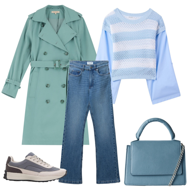 Outfit donna - Total look #2248843. Stile Casual chic per Tutti i giorni. Abbinamento con sneakers, maglieria, borse a tracolla, jeans bootcut, trench.