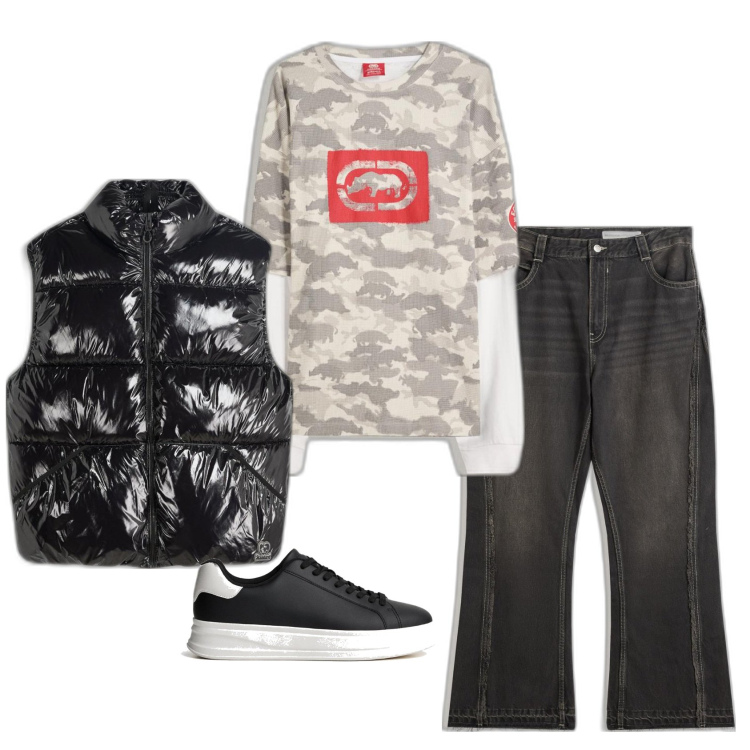 Outfit hombre - Casual look. Estilo Casual para Todos los días. Combinación con chalecos, vaqueros, sneakers, camiseta.