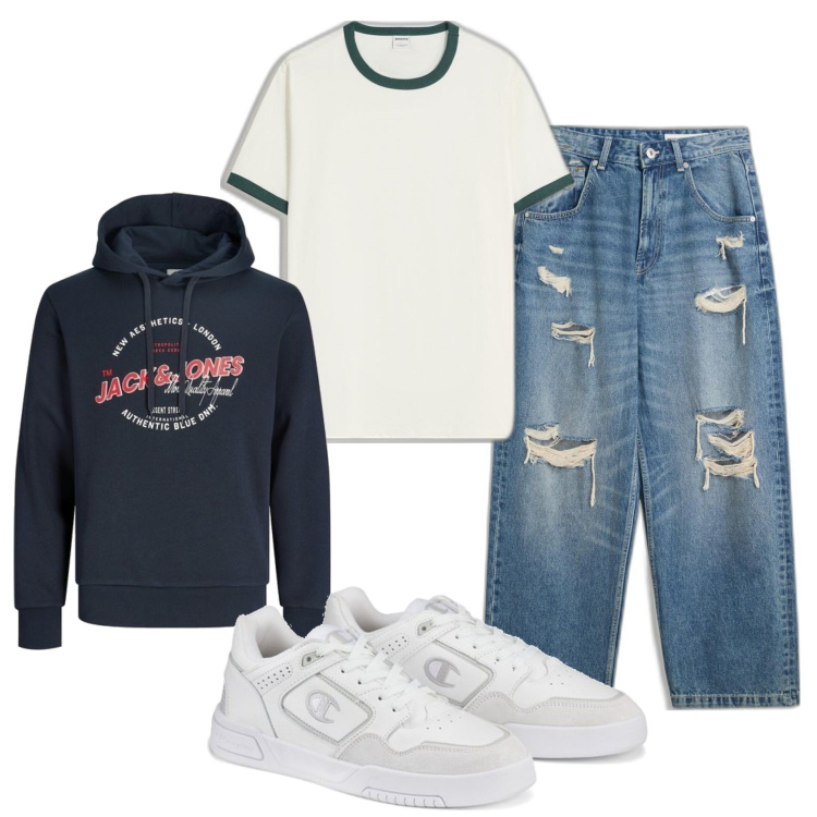 Outfit hombre - Casual look. Estilo Casual para Todos los días. Combinación con sneakers, vaqueros rotos, sudaderas con capucha, camiseta.