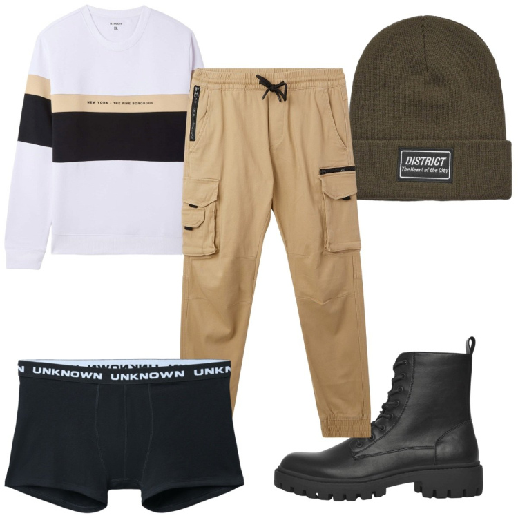 Outfit uomo - Total look #2248856. Stile Urban per Tutti i giorni. Abbinamento con felpe con cappuccio, pantaloni cargo, anfibi, boxer, berretti.
