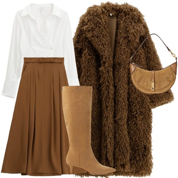 Outfit donna - cappotto lungo. Stile Casual per Tutti i giorni. Abbinamento con camicie, gonne lunghe, cappotti, borse a spalla, stivali.