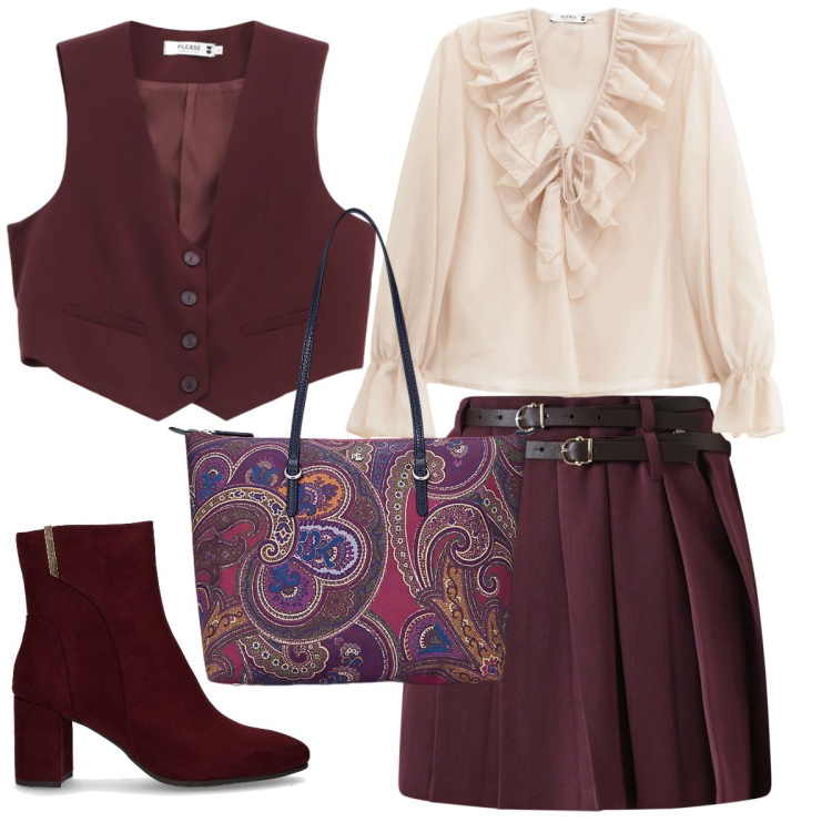 Outfit donna - Il completo bordeaux. Stile Bon Ton per Tutti i giorni. Abbinamento con minigonne, camicie, gilet, borse tote, stivaletti.