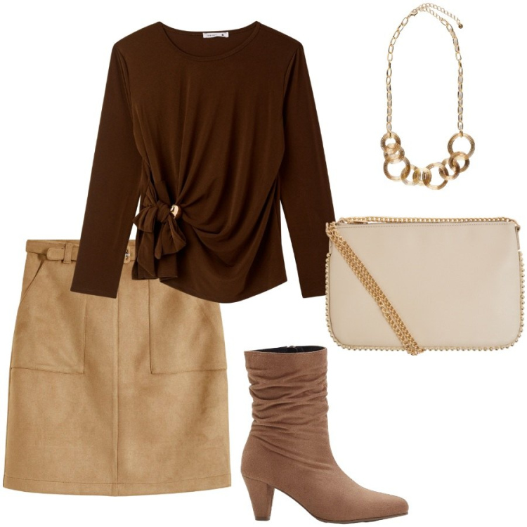 Outfit donna - Primi giorni freschi. Stile Casual chic per Ufficio. Abbinamento con gonne, stivaletti, borse a tracolla, t-shirt, collane.