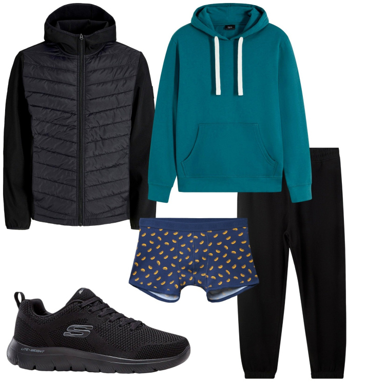 Outfit uomo - Total look #2248865. Stile Urban per Tutti i giorni. Abbinamento con sneakers, felpe con cappuccio, giacche, pantaloni, boxer.