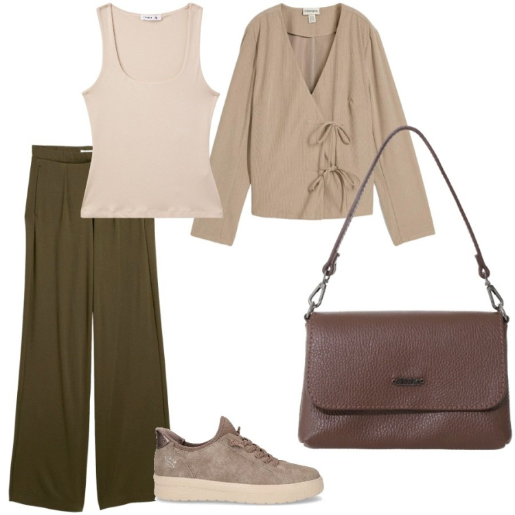 Outfit donna - Blusa con fiocchi. Stile Casual chic per Ufficio. Abbinamento con pantaloni a palazzo, bluse, canottiere, borse a tracolla, sneakers.
