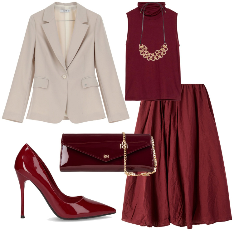 Outfit donna - Total look #2248869. Stile Bon Ton per Cerimonia. Abbinamento con top, gonne lunghe, pochette, blazer, collane, décolleté.