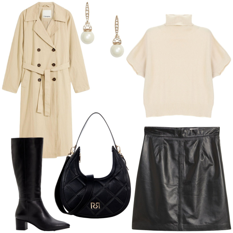 Outfit donna - Daily chic. Stile Casual chic per Tutti i giorni. Abbinamento con minigonne, stivali, trench, borse a tracolla, maglieria, orecchini.