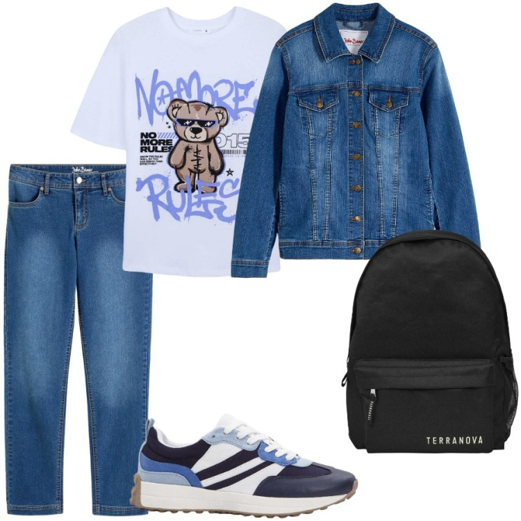 Outfit donna - Un giorno in gita. Stile Casual per Tutti i giorni. Abbinamento con blazer, jeans dritti, sneakers, t-shirt, zaini.