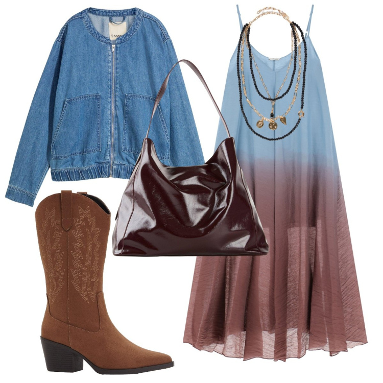 Outfit donna - Etnico con il bomber in denim. Stile Etnico per Tutti i giorni. Abbinamento con stivali, shopping bag, blazer, vestiti lunghi, collane.