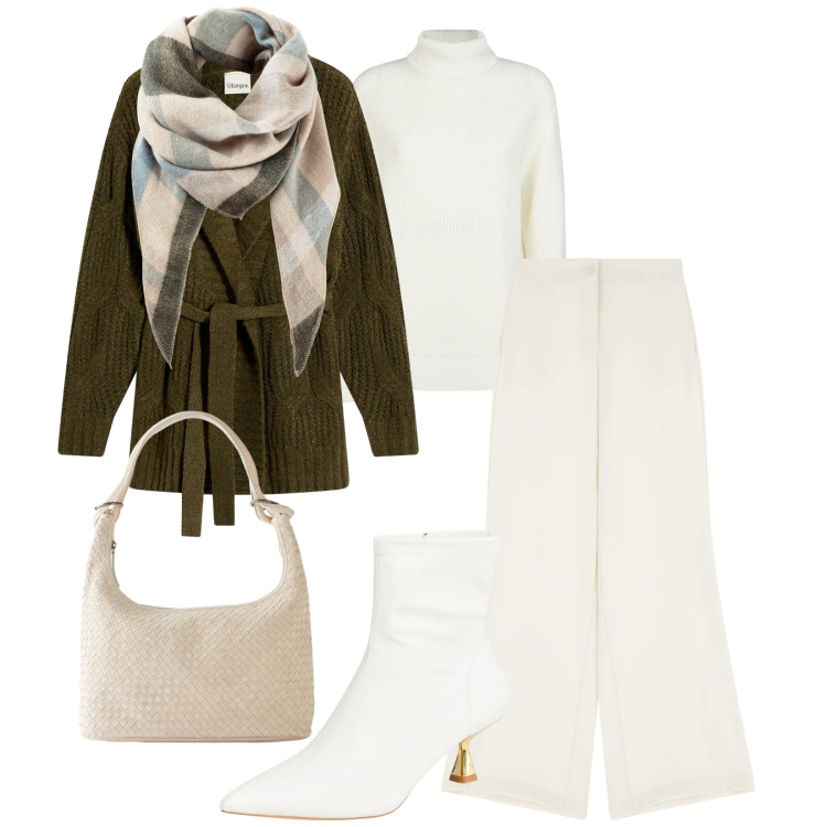 Outfit donna - Autunno burroso. Stile Casual chic per Serata fuori. Abbinamento con sciarpe, shopping bag, cardigans, stivaletti, pantaloni, maglieria.