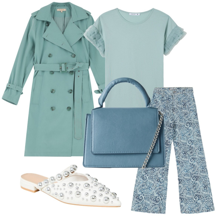 Outfit donna - Il trench verde acqua. Stile Casual chic per Ufficio. Abbinamento con ballerine, t-shirt, borse a tracolla, trench, jeans a zampa.
